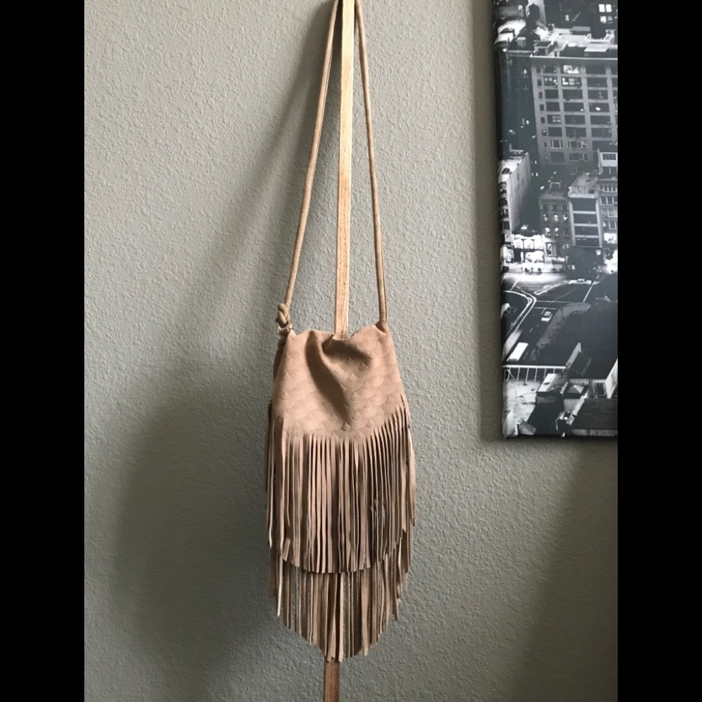 Tan fringe cross body handbag